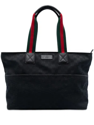 Pre-owned Gucci 2016-2026 Gg Canvas Web Tote Bag In Black
