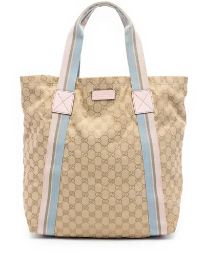 Pre-owned Gucci 2016-2026 Gg Canvas Web Tote Bag In Neutral