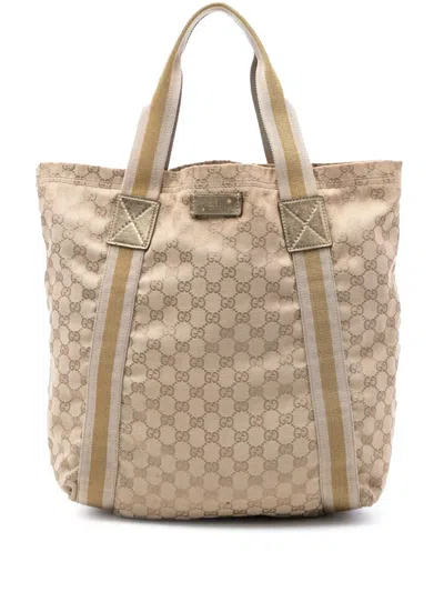Pre-owned Gucci 2016-2026 Gg Canvas Web Tote Bag In Neutral