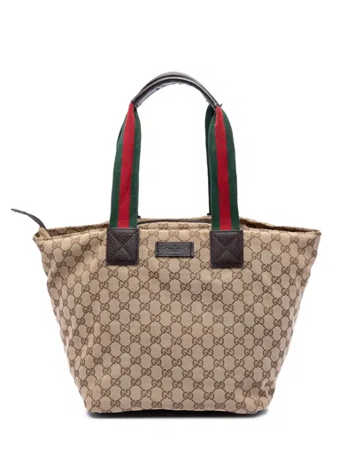 Pre-owned Gucci 2016-2026 Gg Canvas Web Tote Bag In Neutral