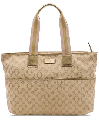 Pre-owned Gucci 2016-2026 Gg Canvas Web Tote Bag In Neutrals