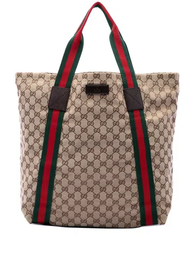 Pre-owned Gucci 2016-2026 Gg Canvas Web Tote Bag In Neutrals