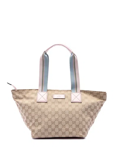 Pre-owned Gucci 2016-2026 Gg Canvas Web Tote Bag In Neutrals