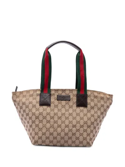 Pre-owned Gucci 2016-2026 Gg Canvas Web Tote Bag In Neutrals
