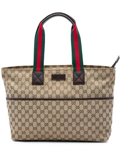 Pre-owned Gucci 2016-2026 Gg Canvas Web Tote Bag In Neutrals