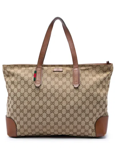Pre-owned Gucci 2016-2026 Gg Canvas Web Tote Bag In Neutrals