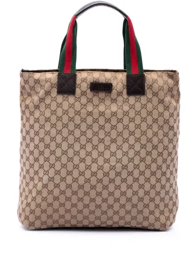 Pre-owned Gucci 2016-2026 Gg Canvas Web Vertical Tote Bag In Neutral