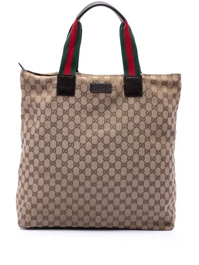Pre-owned Gucci 2016-2026 Gg Canvas Web Vertical Tote Bag In Neutral