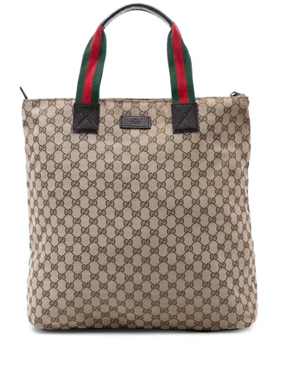 Pre-owned Gucci 2016-2026 Gg Canvas Web Vertical Tote Bag In Neutrals