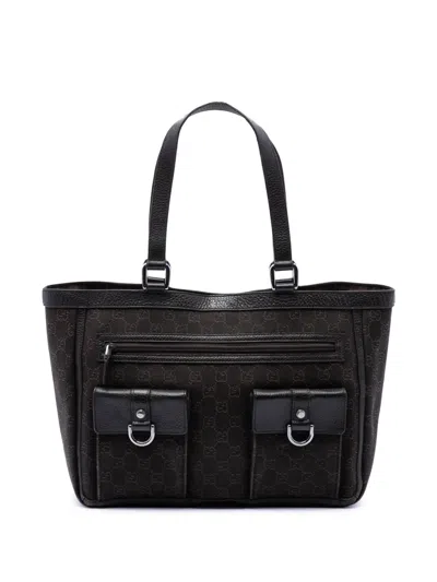 Pre-owned Gucci 2016-2026 Gg Denim Abbey D Ring Pocket Tote Bag In Brown