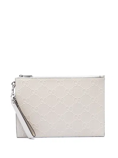 Pre-owned Gucci 2016-2026 Gg Embossed Perforated Calfskin Wristlet Clutch Bag In White