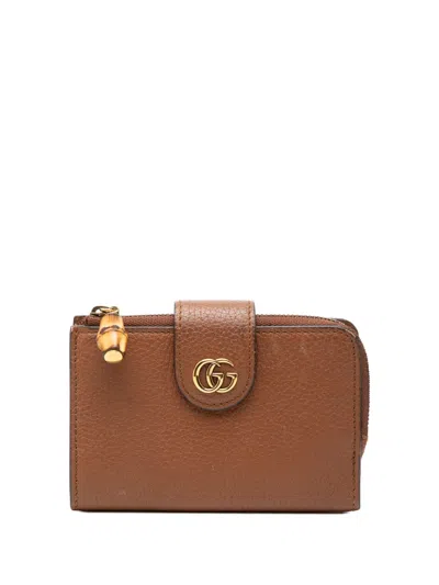 Pre-owned Gucci 2016-2026 Gg Marmont Calfskin Bamboo Bifold Wallet Small Wallets In Brown