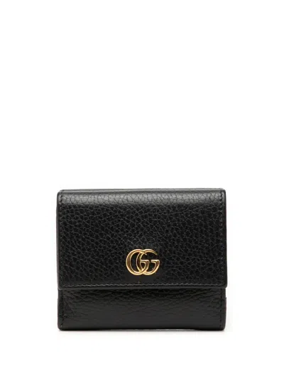 Pre-owned Gucci 2016-2026 Gg Marmont Calfskin Trifold Compact Wallet Small Wallets In Black