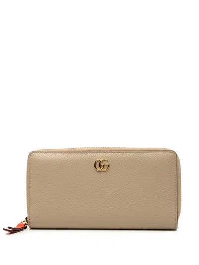 Pre-owned Gucci 2016-2026 Gg Marmont Calfskin Zip Around Wallet Long Wallets In Neutrals