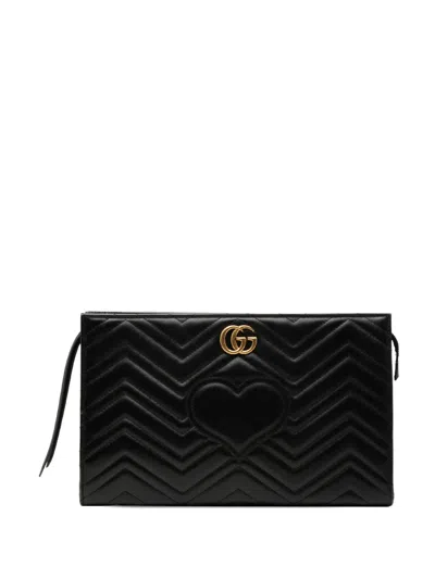 Pre-owned Gucci 2016-2026 Gg Marmont Heart Matelasse Calfskin Clutch Bag In Black