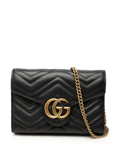 Pre-owned Gucci 2016-2026 Gg Marmont Matelasse Calfskin Wallet On Chain Crossbody Bag In Black