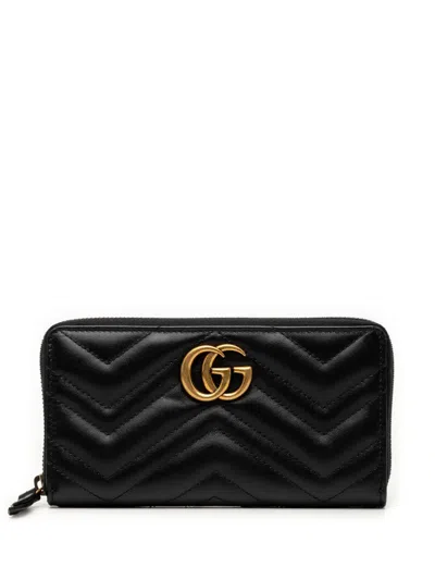Pre-owned Gucci 2016-2026 Gg Marmont Matelasse Calfskin Zip Around Wallet Long Wallets In Black