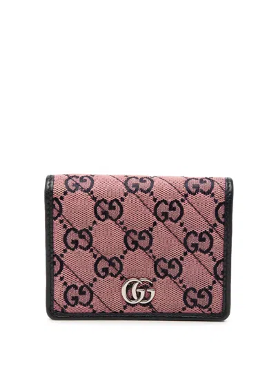 Pre-owned Gucci 2016-2026 Gg Marmont Matelasse Diagonal Gg Canvas Card Case Wallet Small Wallets In Pink