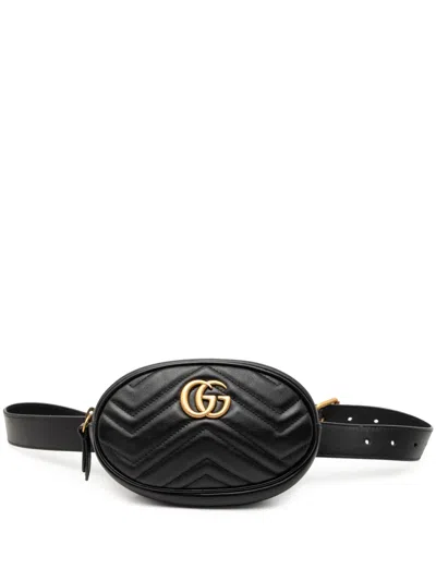 Pre-owned Gucci 2016-2026 Gg Marmont Matelasse Leather Belt Bag In Black