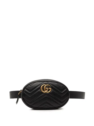 Pre-owned Gucci 2016-2026 Gg Marmont Matelasse Leather Belt Bag In Black