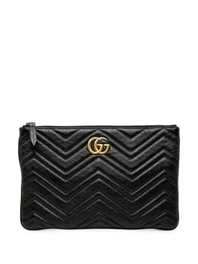 Pre-owned Gucci 2016-2026 Gg Marmont Matelasse Leather Clutch Bag In Black