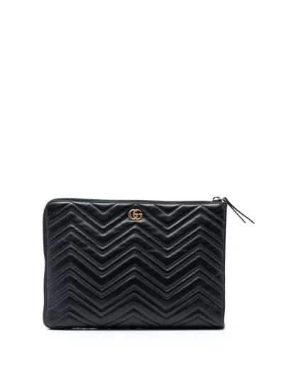 Pre-owned Gucci 2016-2026 Gg Marmont Matelasse Leather Portfolio Clutch Bag In Black