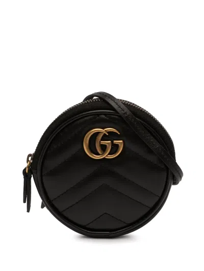Pre-owned Gucci 2016-2026 Gg Marmont Matelasse Leather Round Coin Purse On Strap Crossbody Bag In Black