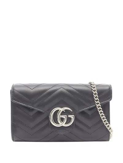 Pre-owned Gucci 2016-2026 Gg Marmont Matelasse Leather Wallet On Chain Crossbody Bag In Black