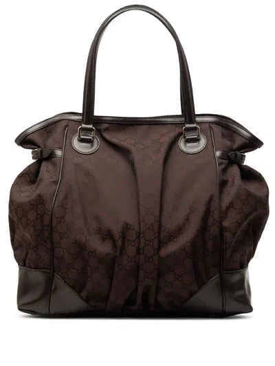 Pre-owned Gucci 2016-2026 Gg Nylon Full Moon Tote Bag In Brown