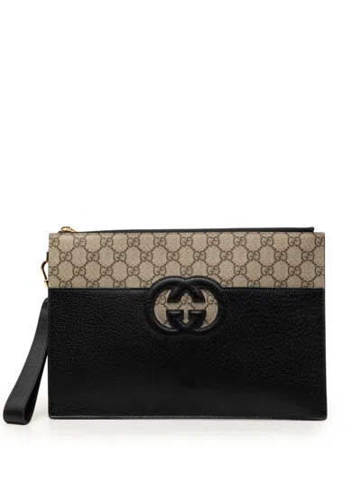 Pre-owned Gucci 2016-2026 Gg Supreme And Calfskin Cut Out Interlocking G Clutch Bag In Black