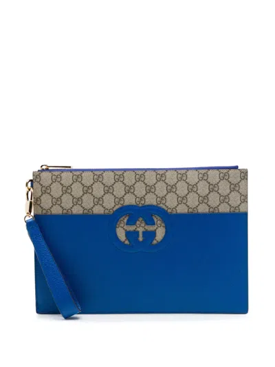 Pre-owned Gucci 2016-2026 Gg Supreme And Calfskin Cut Out Interlocking G Clutch Bag In Neutrals