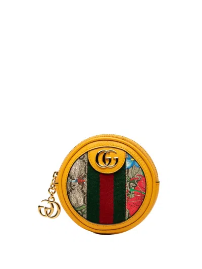 Pre-owned Gucci 2016-2026 Gg Supreme Flora Web Ophidia Case Coin Pouch In Yellow