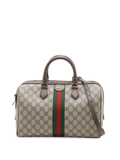 Pre-owned Gucci 2016-2026 Gg Supreme Ophidia Web Satchel In Neutrals