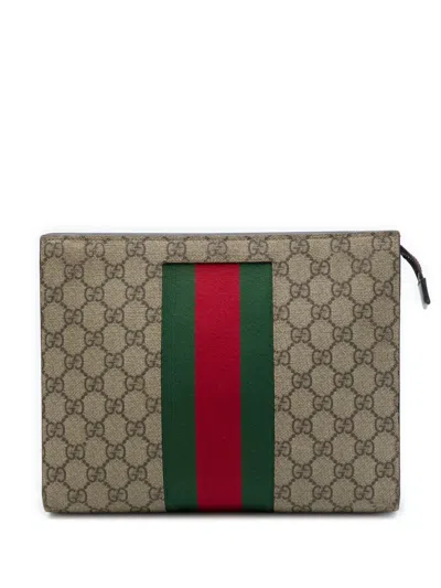 Pre-owned Gucci 2016-2026 Gg Supreme Web Clutch Bag In Neutrals