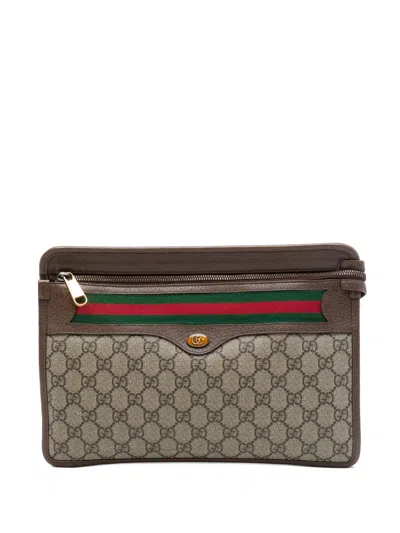 Pre-owned Gucci 2016-2026 Gg Supreme Web Ophidia Clutch Bag In Neutrals