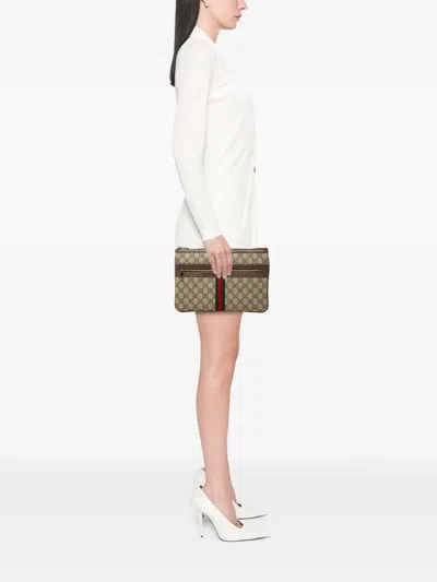 Pre-owned Gucci 2016-2026 Gg Supreme Web Ophidia Clutch Bag In Neutrals
