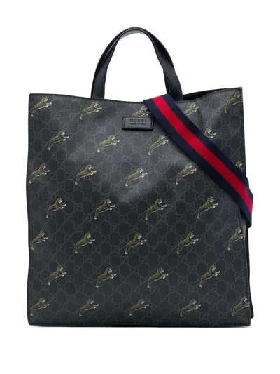 Pre-owned Gucci 2016-2026 Gg Supreme Web Tiger Convertible Soft Tote Satchel In Black