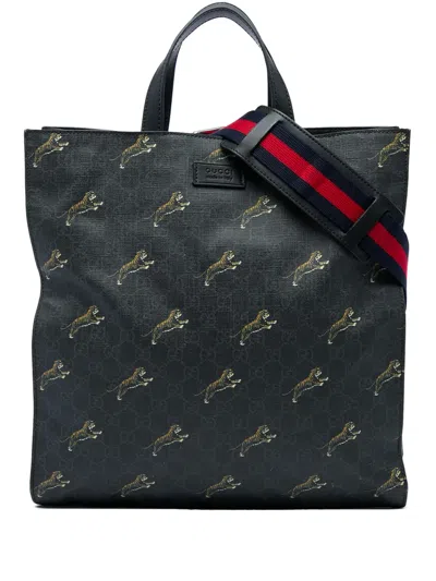 Pre-owned Gucci 2016-2026 Gg Supreme Web Tiger Convertible Soft Tote Satchel In Black