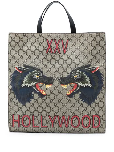 Pre-owned Gucci 2016-2026 Gg Supreme Wolf Tote Bag In Neutrals