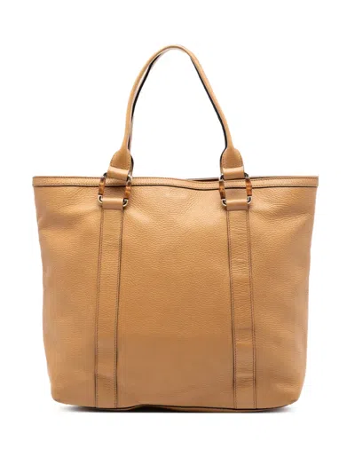 Pre-owned Gucci 2016-2026 Grained Calfskin Bamboo Shopper Tote Bag In Brown
