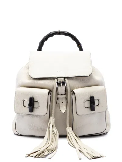 Pre-owned Gucci 2016-2026 Grained Calfskin Bamboo Tassel Backpack In White