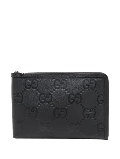 Pre-owned Gucci 2016-2026 Jumbo Gg Calfskin Clutch Bag In Black