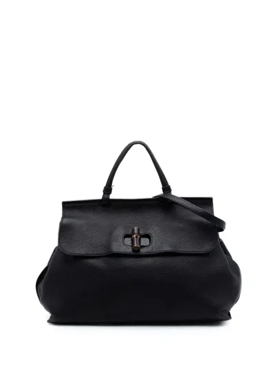 Pre-owned Gucci 2016-2026 Large Calfskin Bamboo Daily Satchel In Black