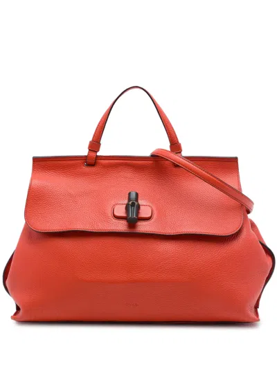 Pre-owned Gucci 2016-2026 Large Calfskin Bamboo Daily Satchel In Orange
