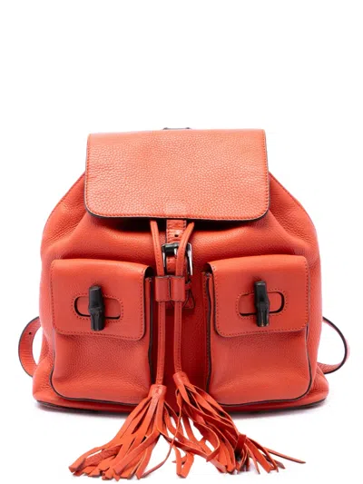 Pre-owned Gucci 2016-2026 Large Calfskin Bamboo Tassel Drawstring Backpack In Orange