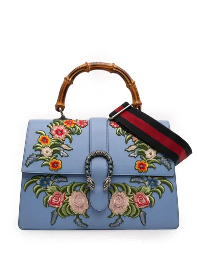 Pre-owned Gucci 2016-2026 Large Calfskin Floral Embroidered Bamboo Dionysus Web Satchel In Blue