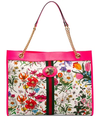 Pre-owned Gucci 2016-2026 Large Canvas Web Flora Rajah Tote Bag In White