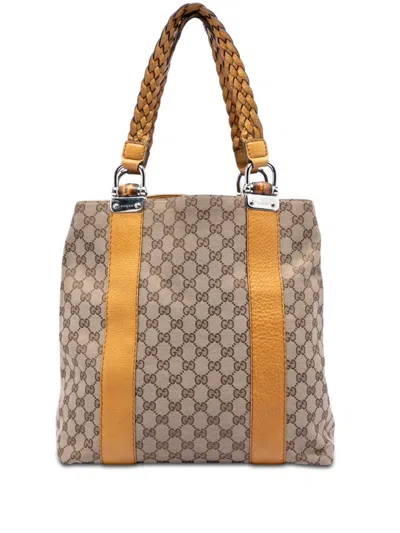 Pre-owned Gucci 2016-2026 Large Gg Canvas Bamboo Libeccio Tote Bag In Neutral