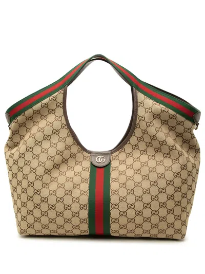 Pre-owned Gucci 2016-2026 Large Gg Canvas Web Giglio Tote Bag In Neutrals