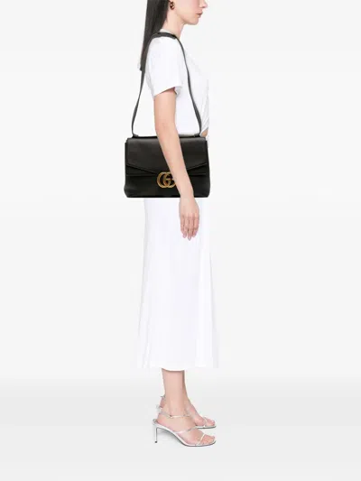 Pre-owned Gucci 2016-2026 Large Gg Marmont Pebbled Calfskin Flap Shoulder Bag In Black